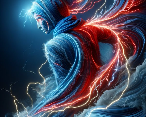 Dynamic Figure in Vibrant Blue and Red Light Waves