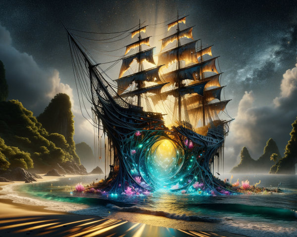 Majestic ship with glowing sails near ethereal portal