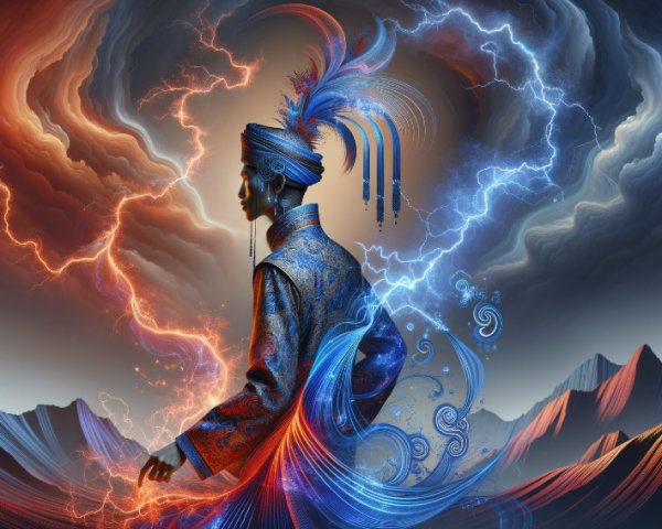 Majestic Figure in Traditional Attire with Feathered Headdress