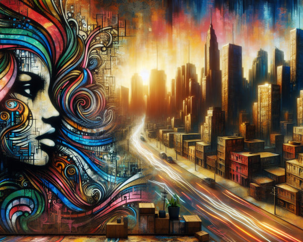 Vibrant Mural of Abstract Woman and City Skyline