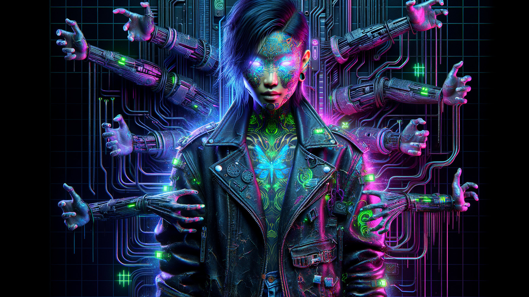 Futuristic figure with cybernetic features and tattoos