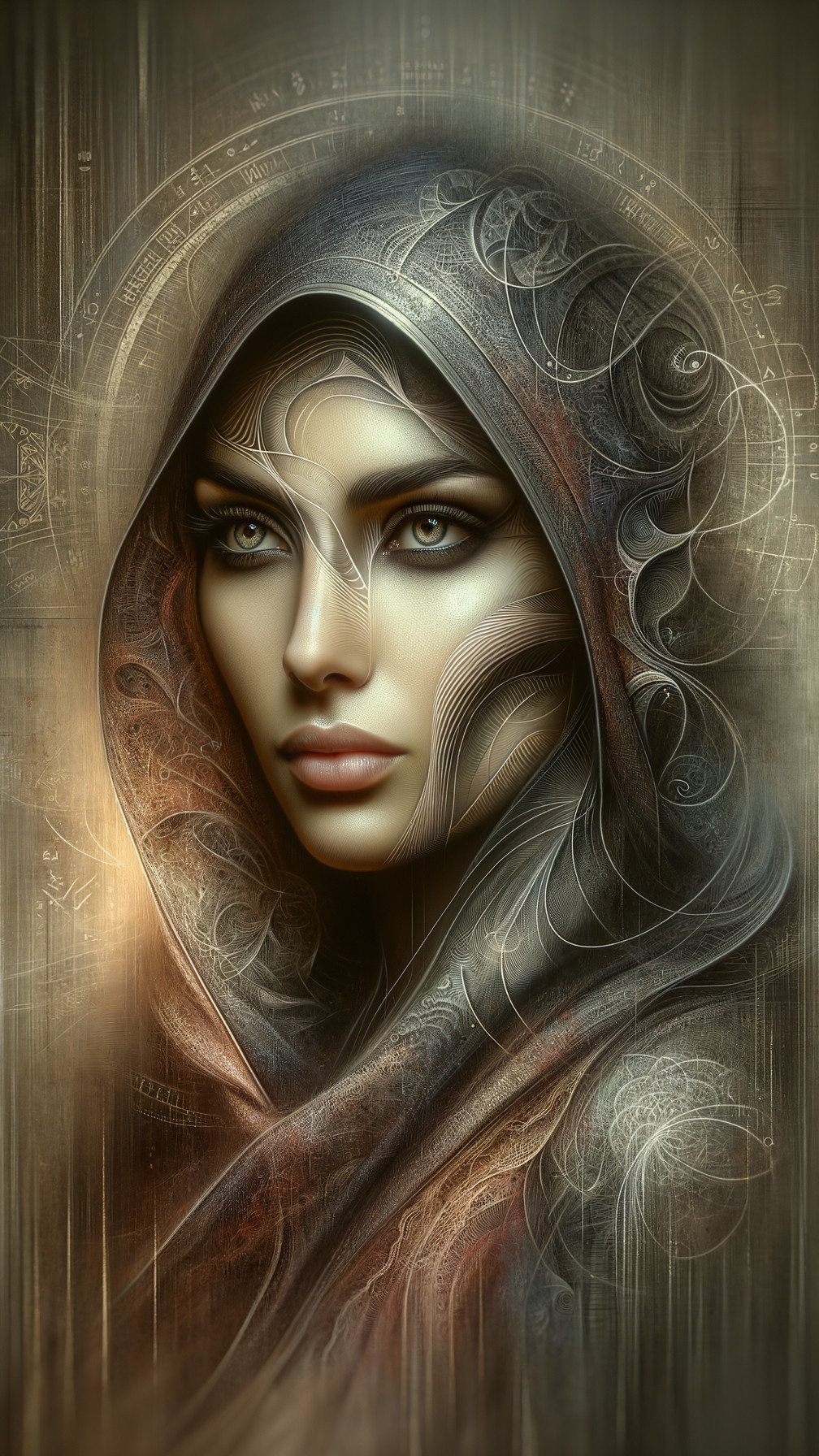 Portrait of a woman with intricate skin designs and hood