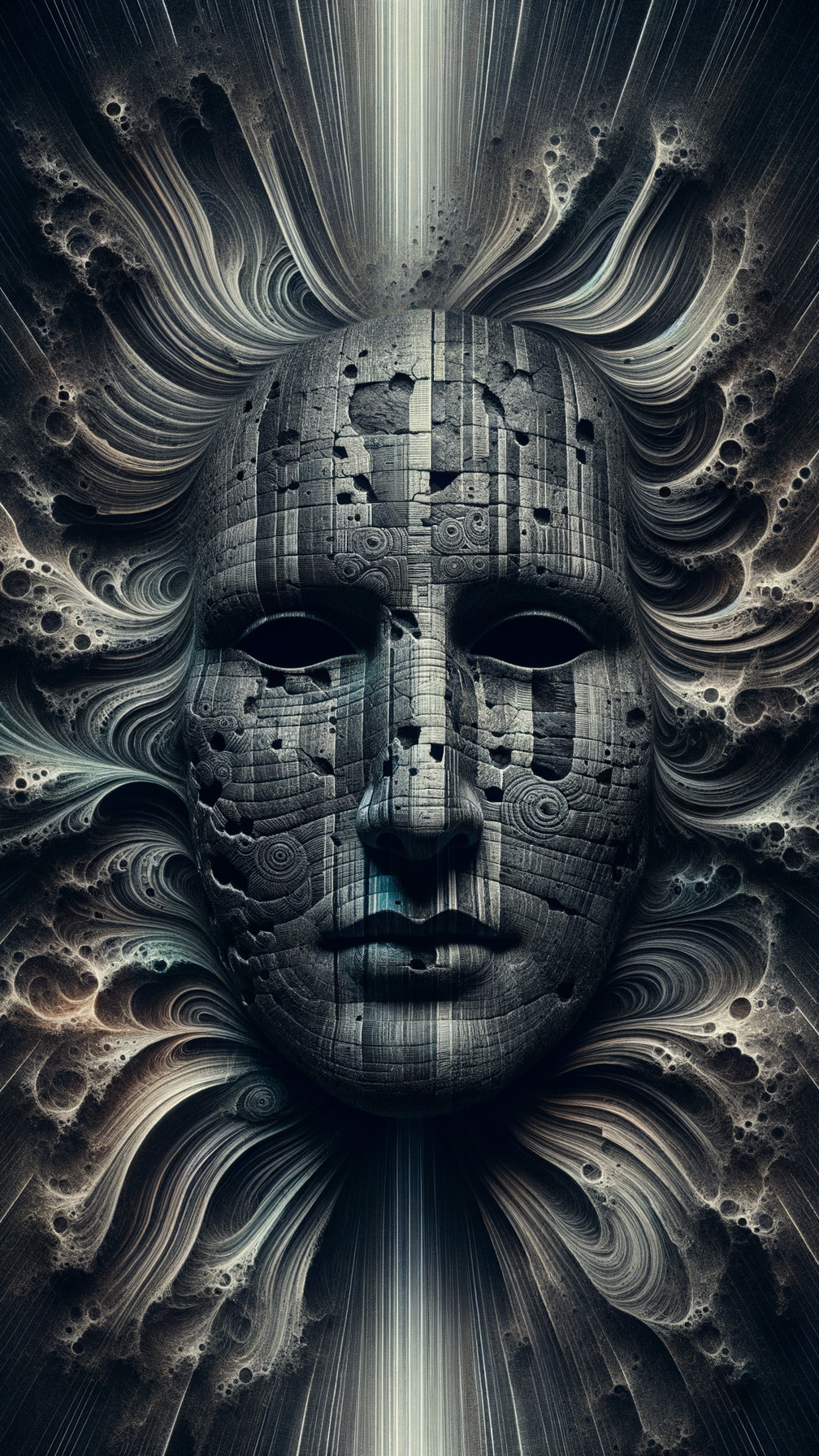 Stylized stone face within abstract textured swirls