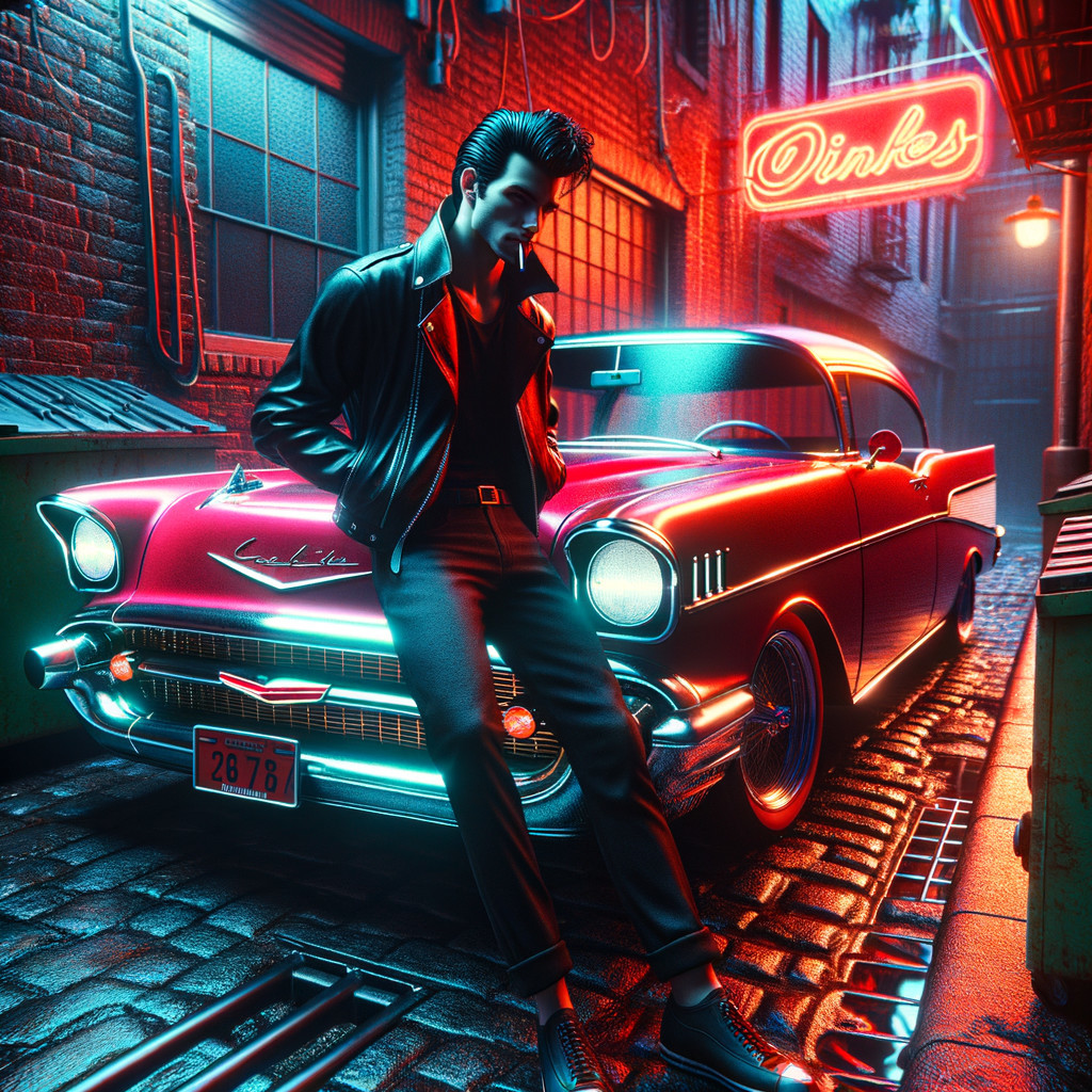 Young man in leather jacket by classic red car