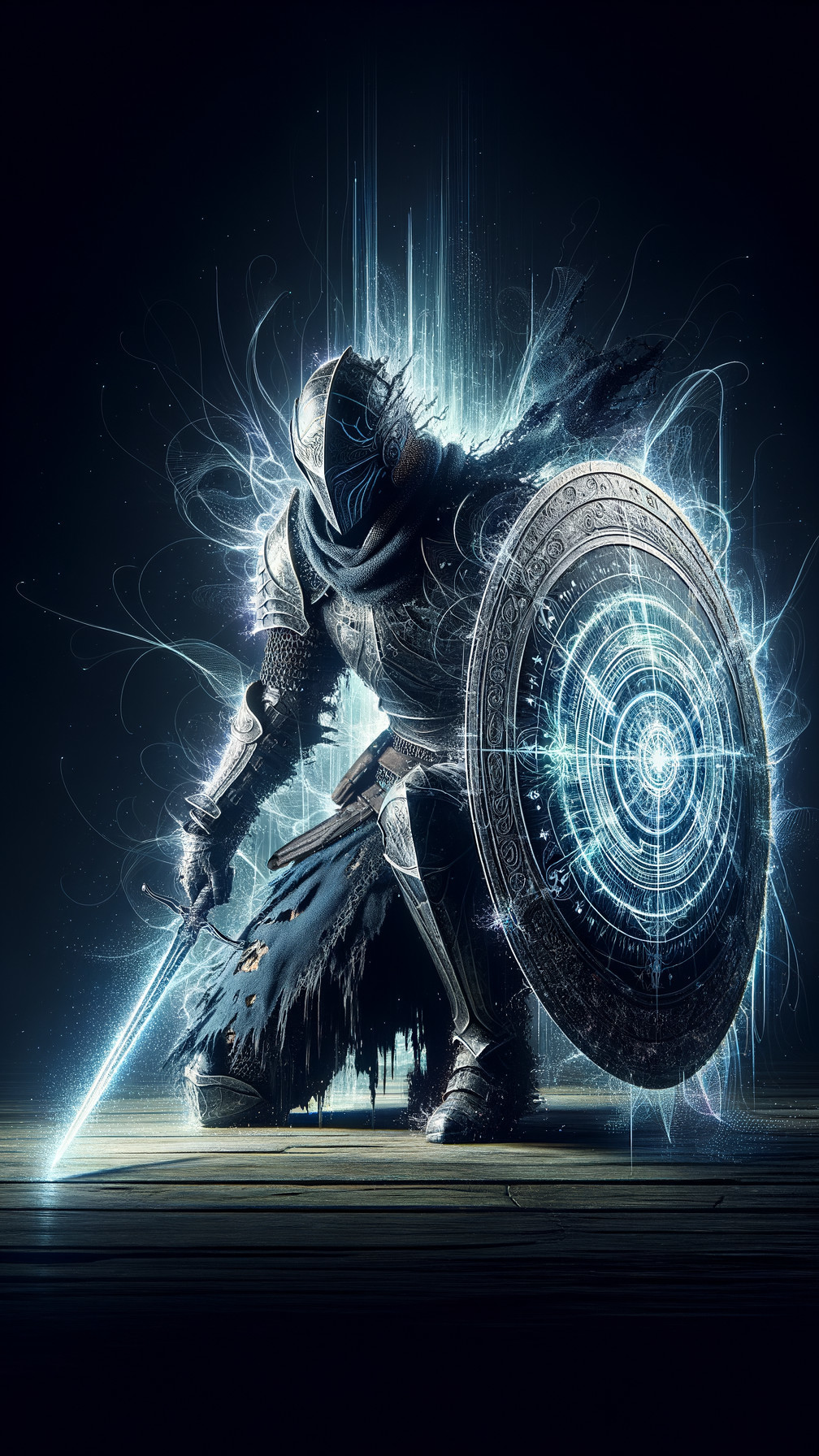 Mystical Knight in Ethereal Dark Environment with Sword