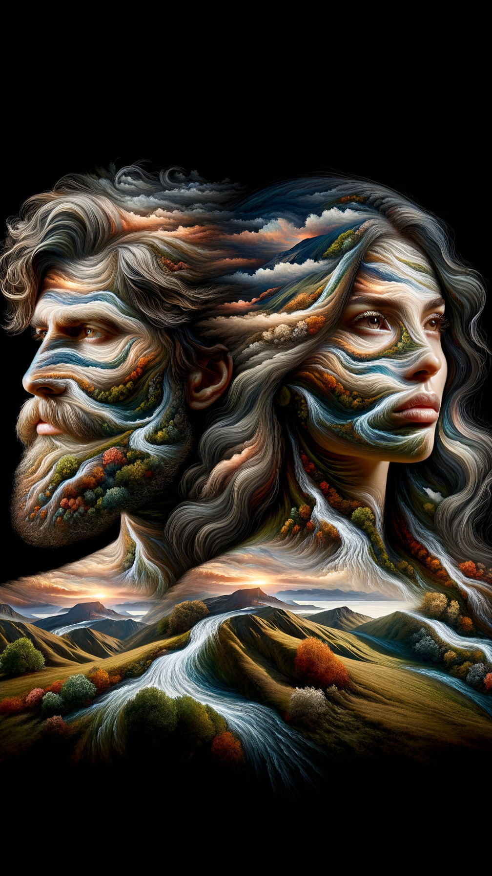 Merged Faces with Vibrant Landscapes and Nature Elements