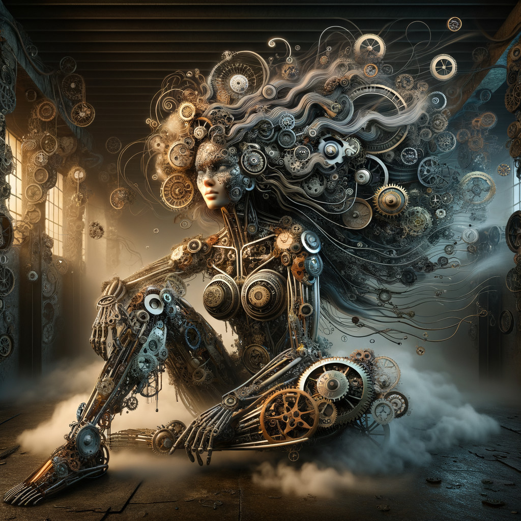 Humanoid Sculpture Merging Femininity and Machinery