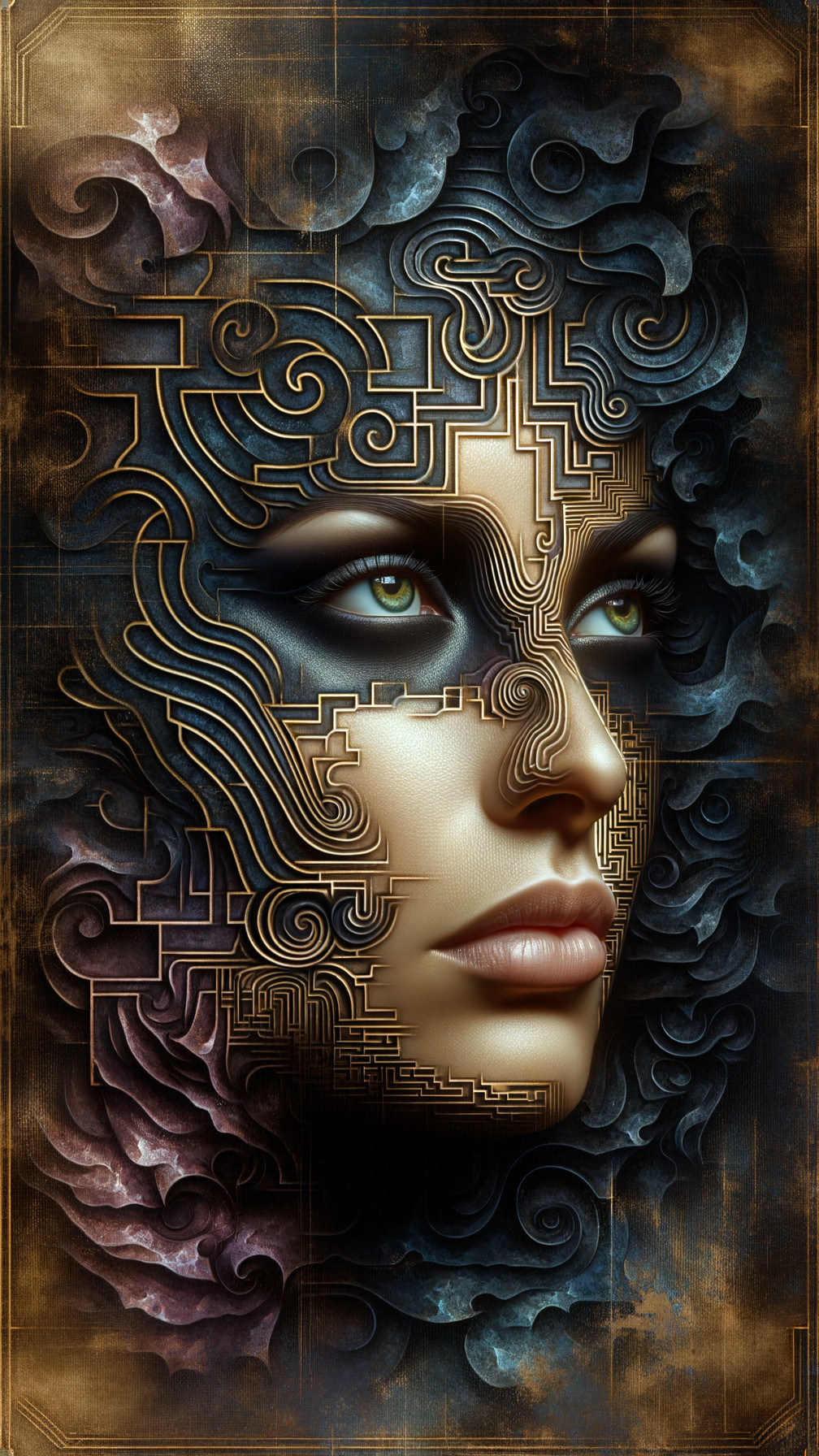 Surreal Portrait of Woman with Circuitry and Clouds