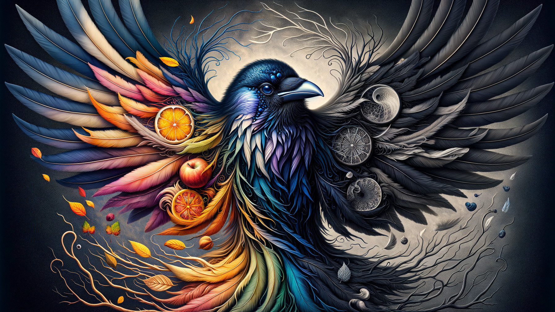 Raven Illustration with Colorful Nature Elements