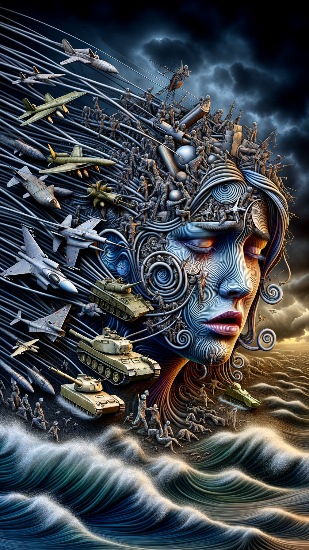 Surreal Human Face Amidst Turbulent Ocean and Conflict