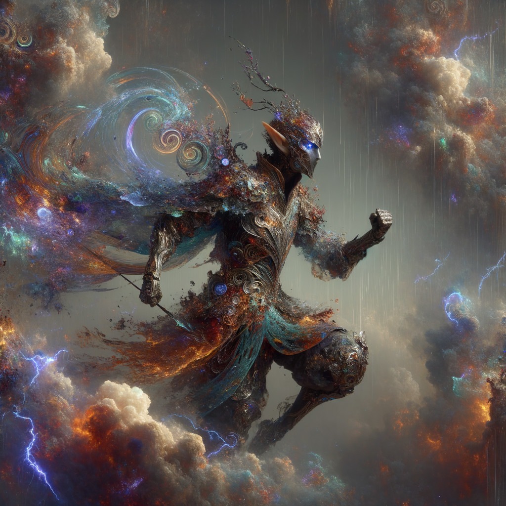 Dynamic Figure in Ethereal Armor Amidst Stormy Clouds