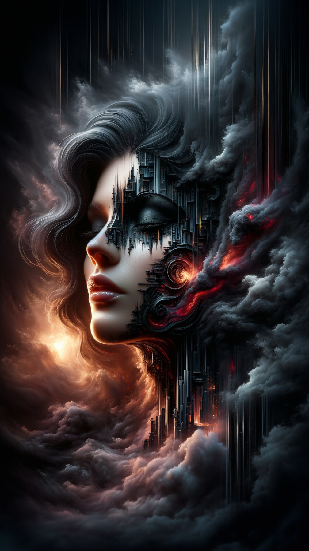 Surreal Portrait of Woman Merging with Cityscape