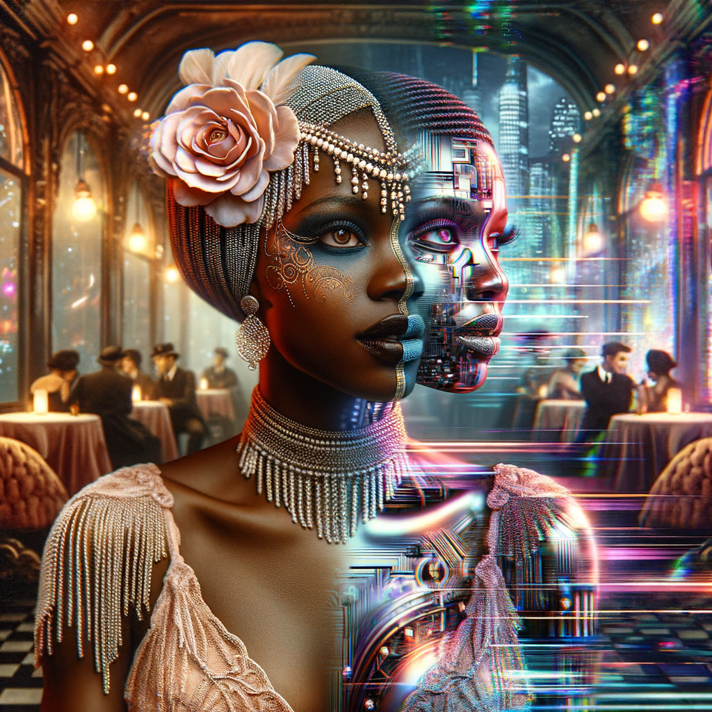 Woman with Human and Robotic Features in Dining Scene
