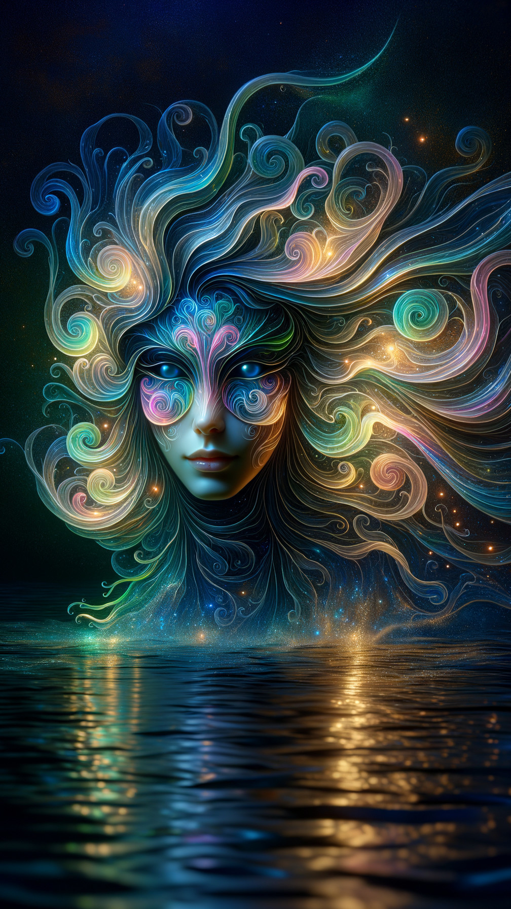 Ethereal Figure on Starry Water Surface with Cosmic Hair