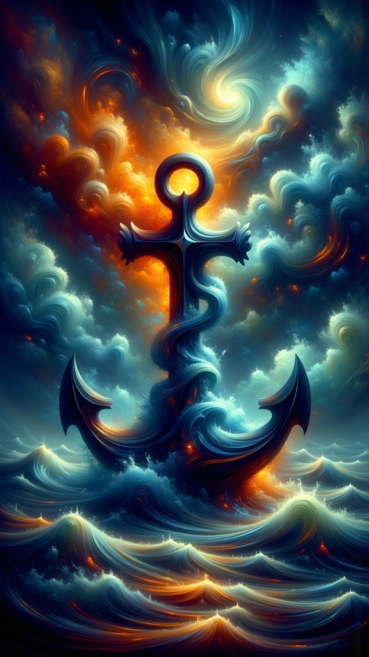 Vibrant Anchor Amidst Swirling Waves and Cosmic Sky
