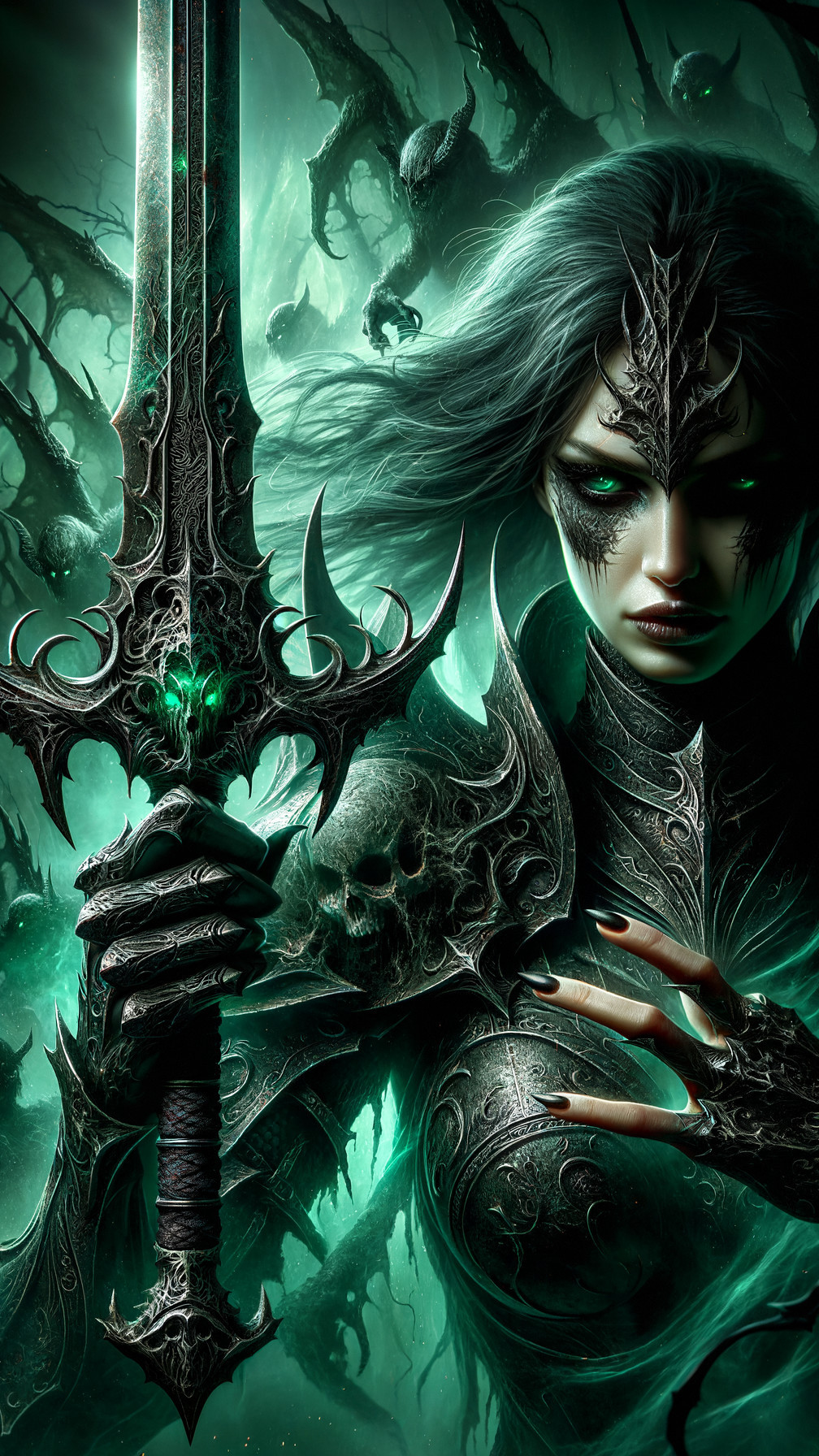 Fierce Warrior in Dark Armor with Ornate Sword