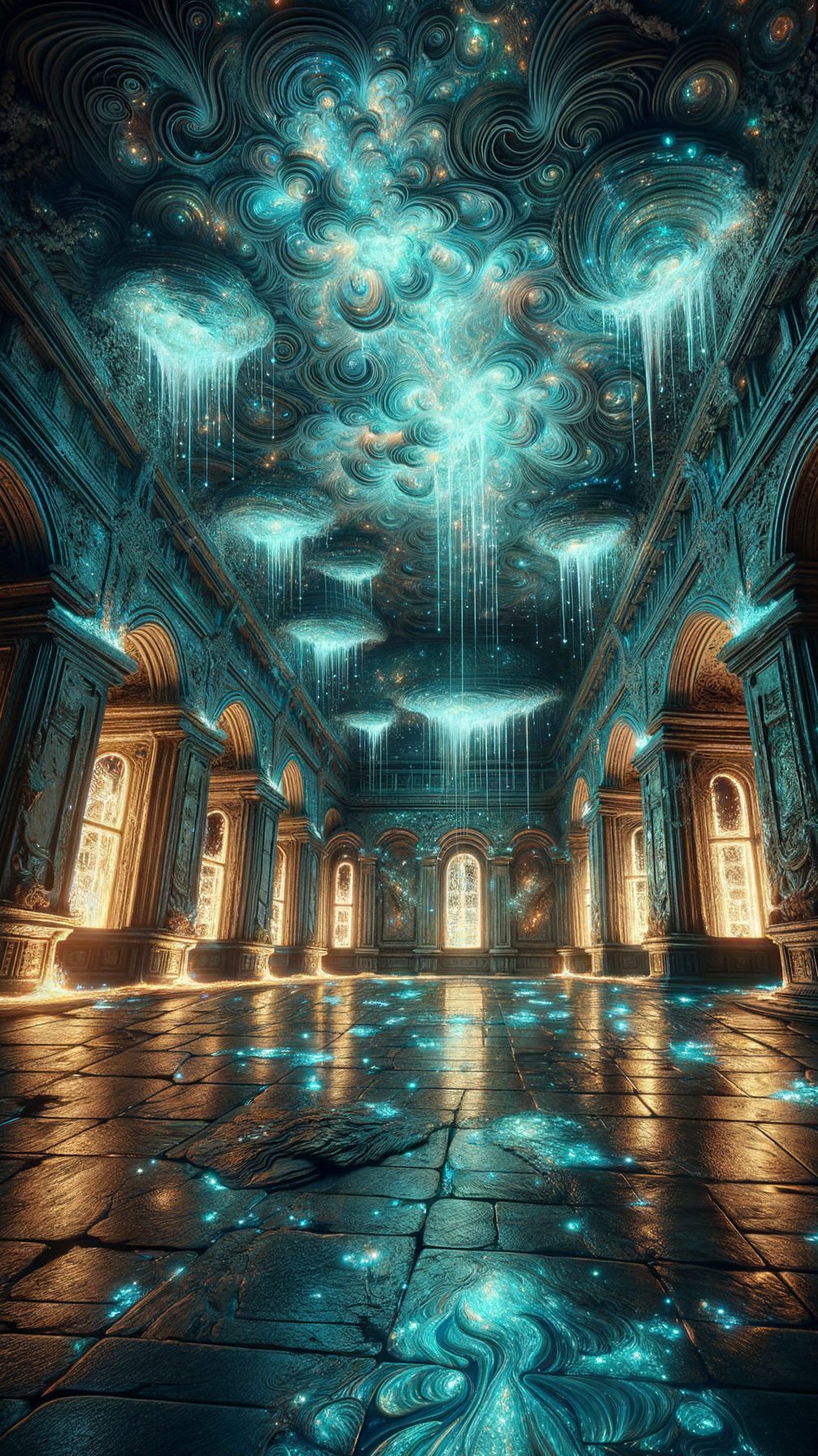 Illuminated Hall with Intricate Architecture and Patterns