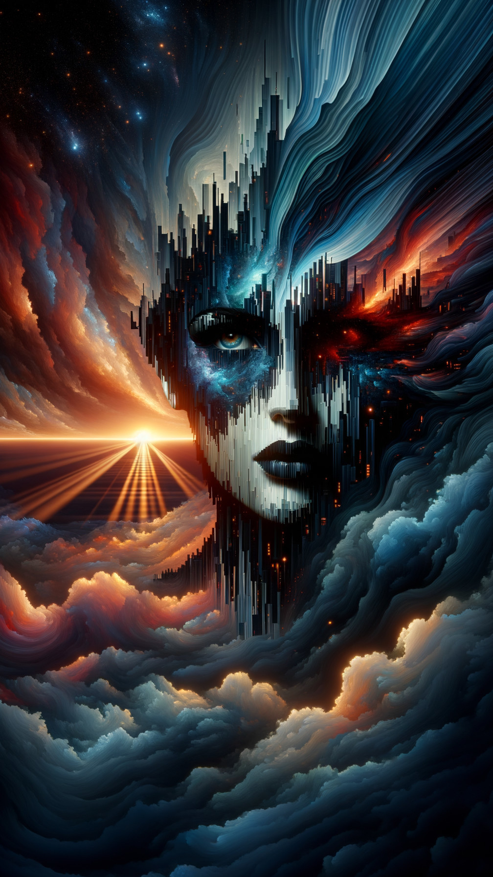 Surreal Landscape with Vibrant Cityscape and Face