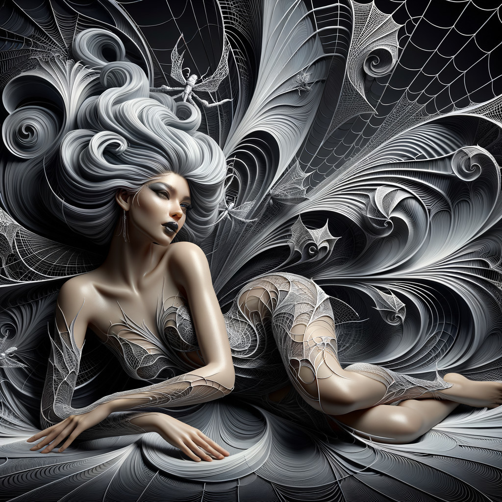 Surreal Figure with Silver Hair and Web Patterns