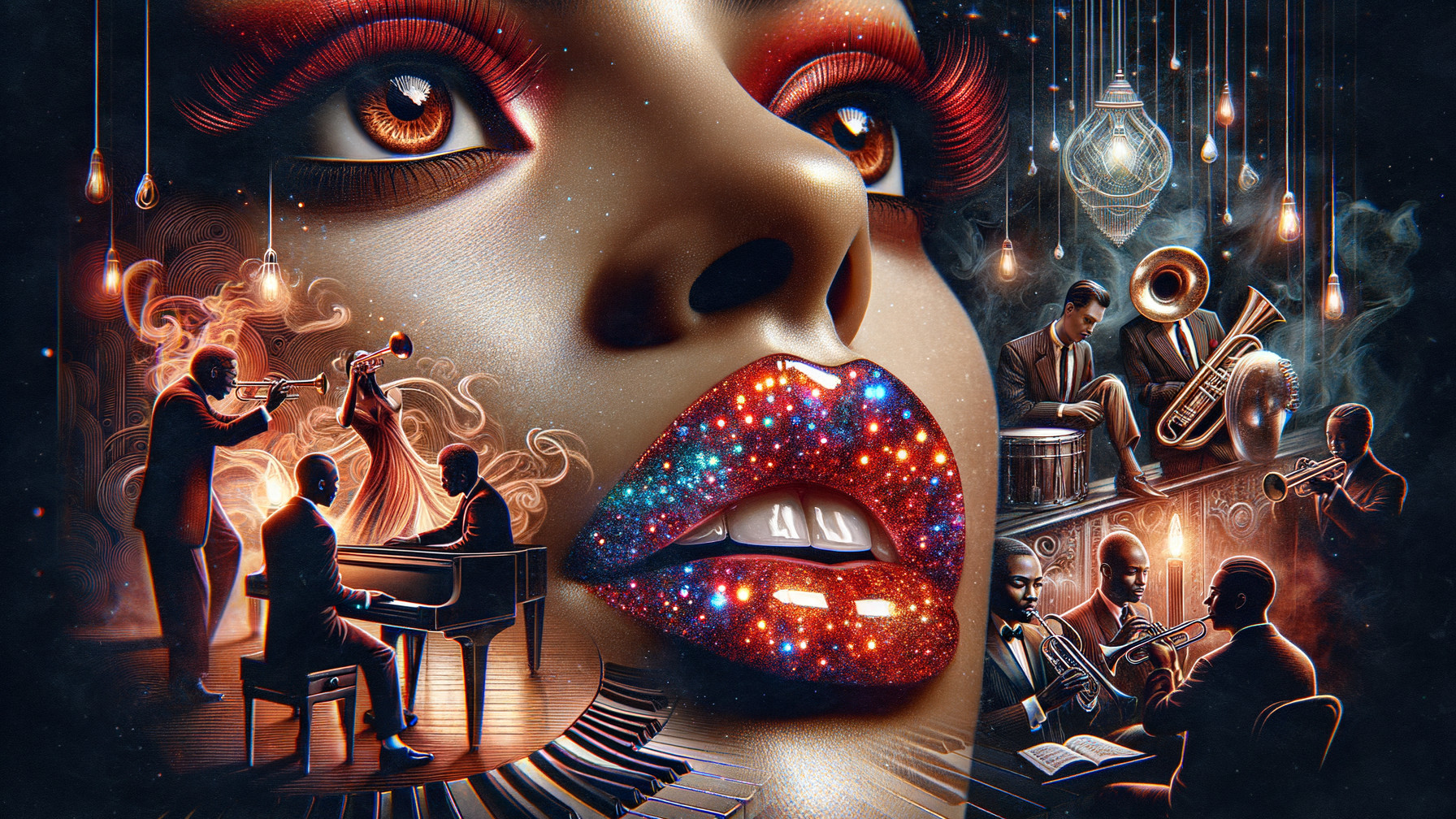 Dramatic Woman's Face in Cosmic Jazz Scene Artwork