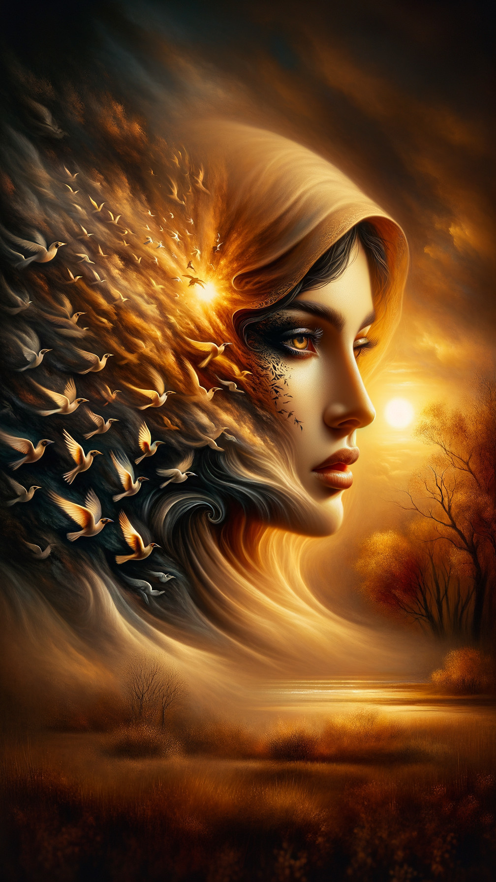 Woman's face amidst clouds and birds in sunset hues