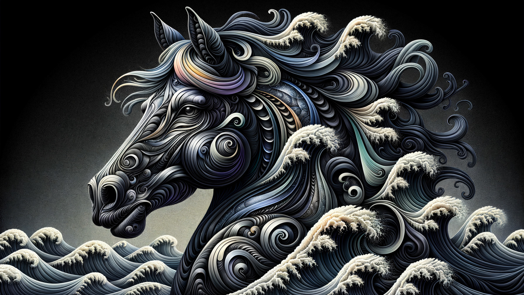 Intricate Horse Head Emerging from Turbulent Waves