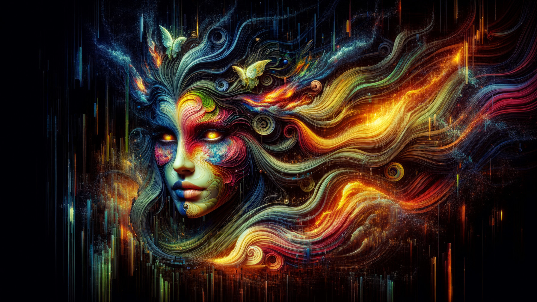 Surreal Portrait of Woman with Colorful Hair and Butterflies