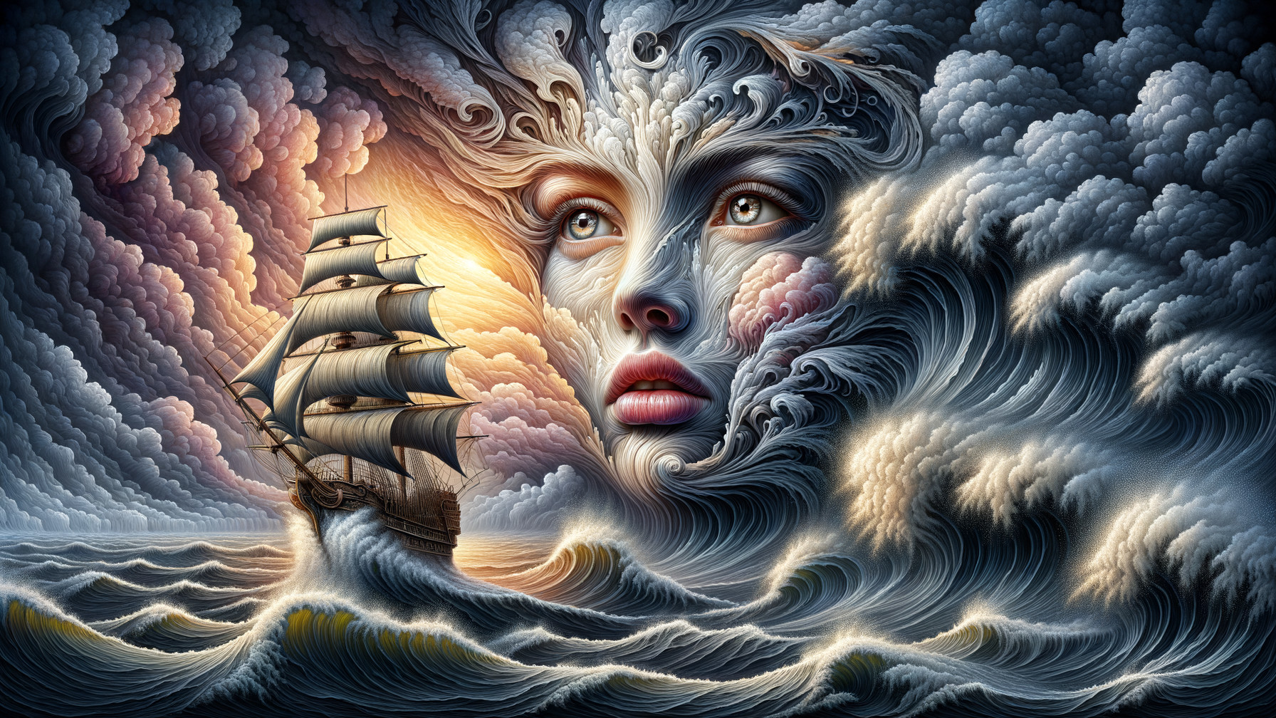 Surreal Seascape with Majestic Ship and Ethereal Face