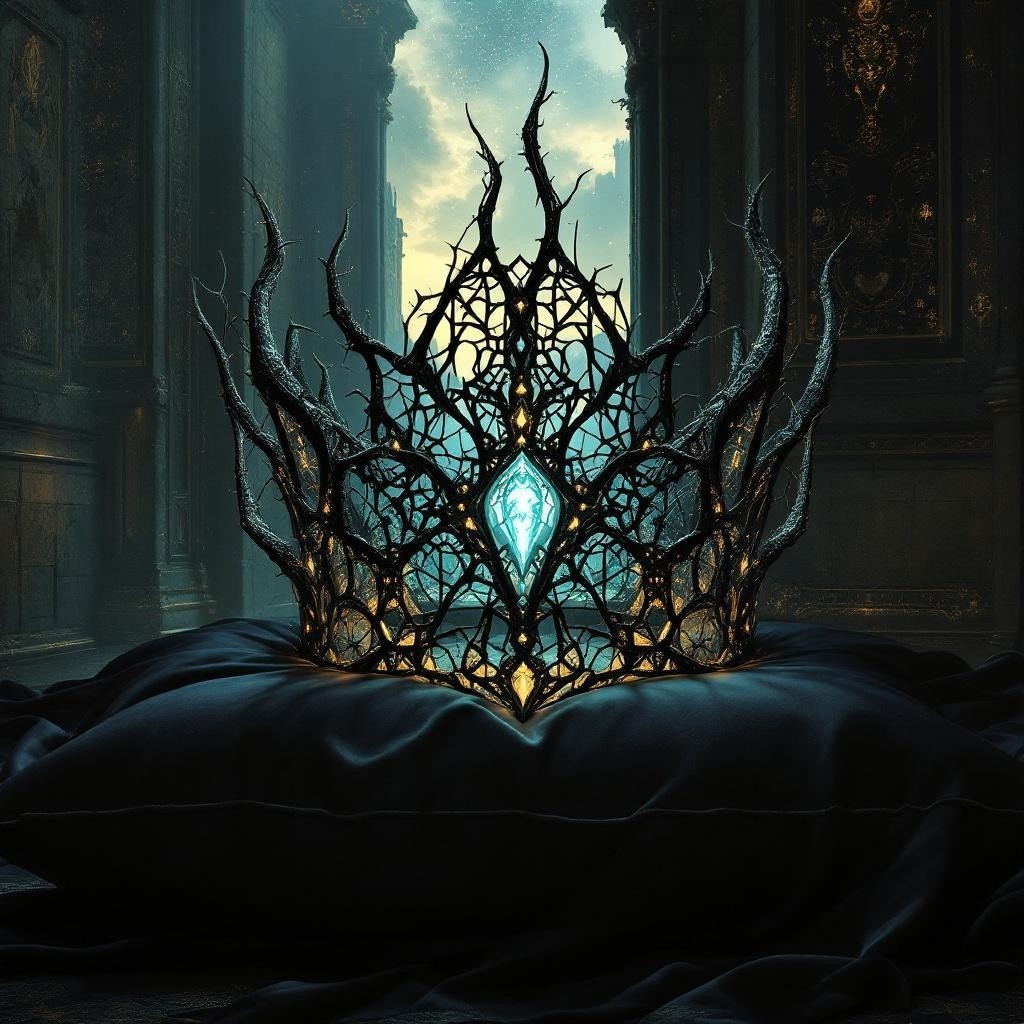 Intricate crown on dark pillow in mystical setting