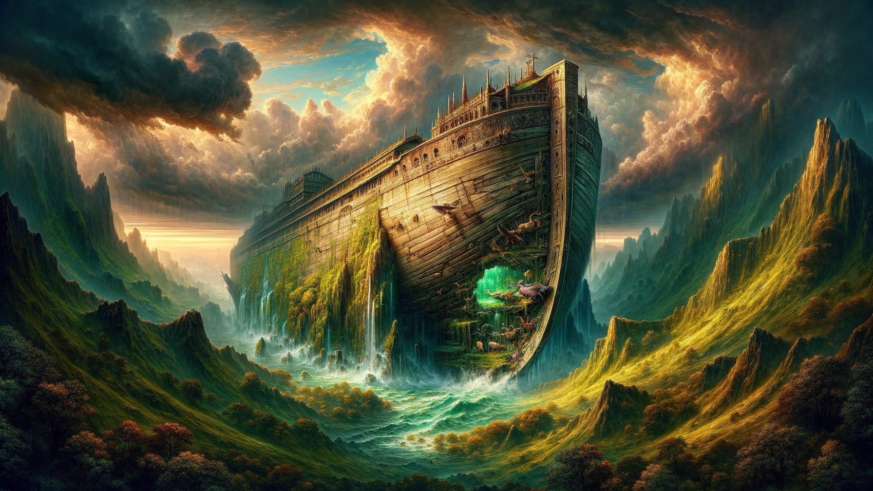 Ancient Ship Surrounded by Dramatic Mountain Landscapes
