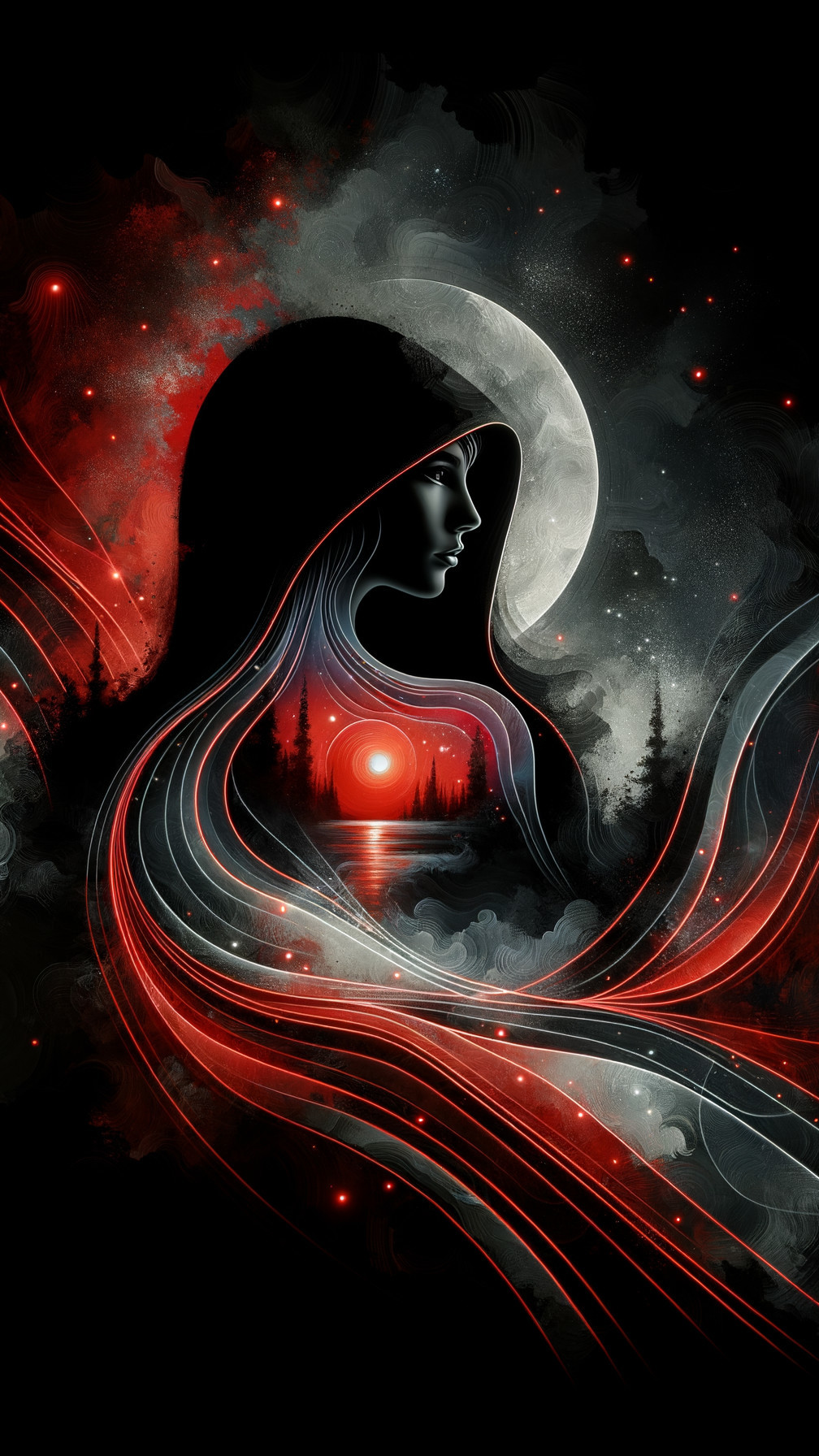 Mysterious Woman Silhouette with Celestial Background