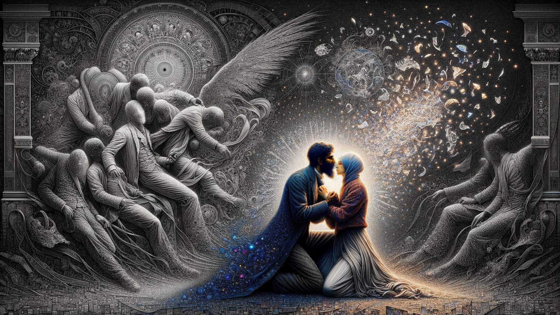 Couple in Light Amidst Struggles and Vibrant Colors