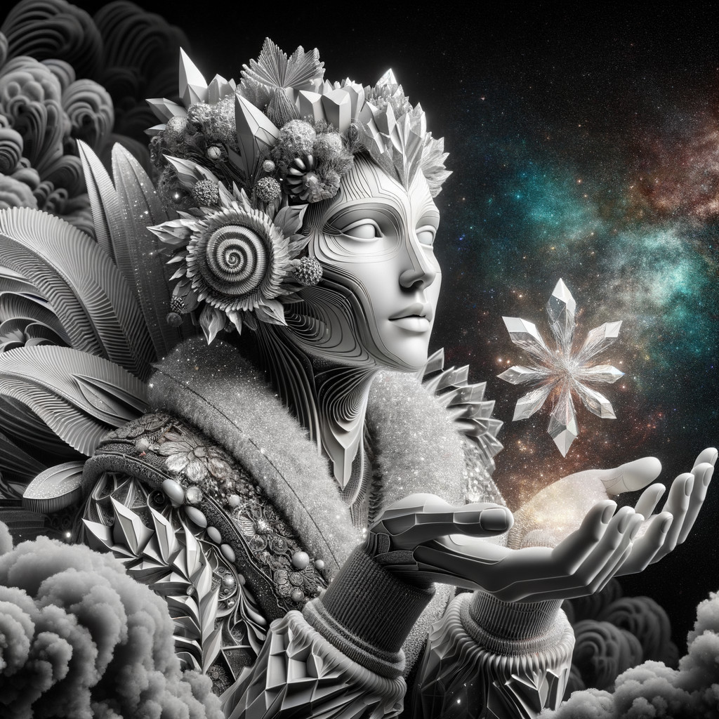 Futuristic Figure with Nature-Tech Design and Crystal