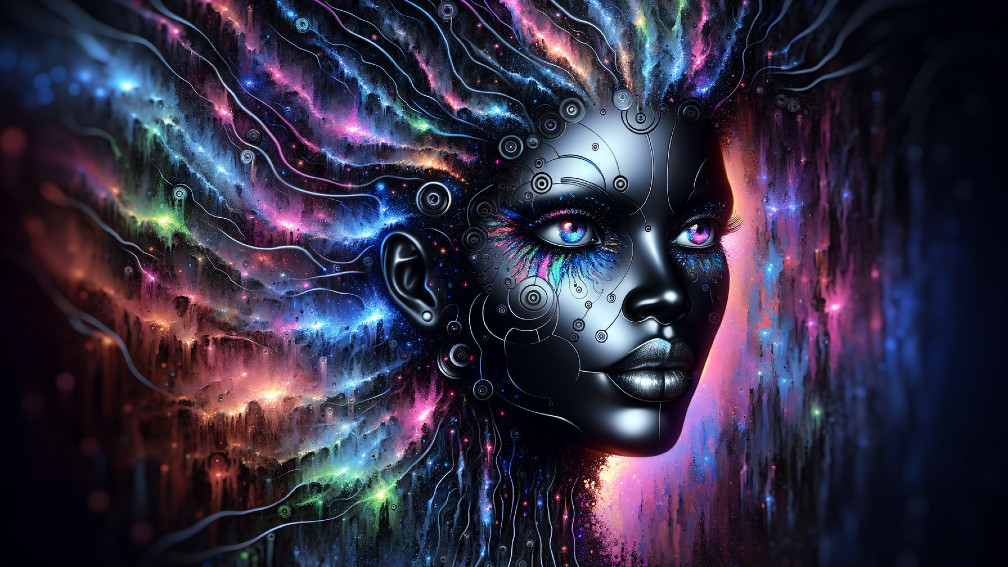 Futuristic Portrait of a Woman with Colorful Light Hair
