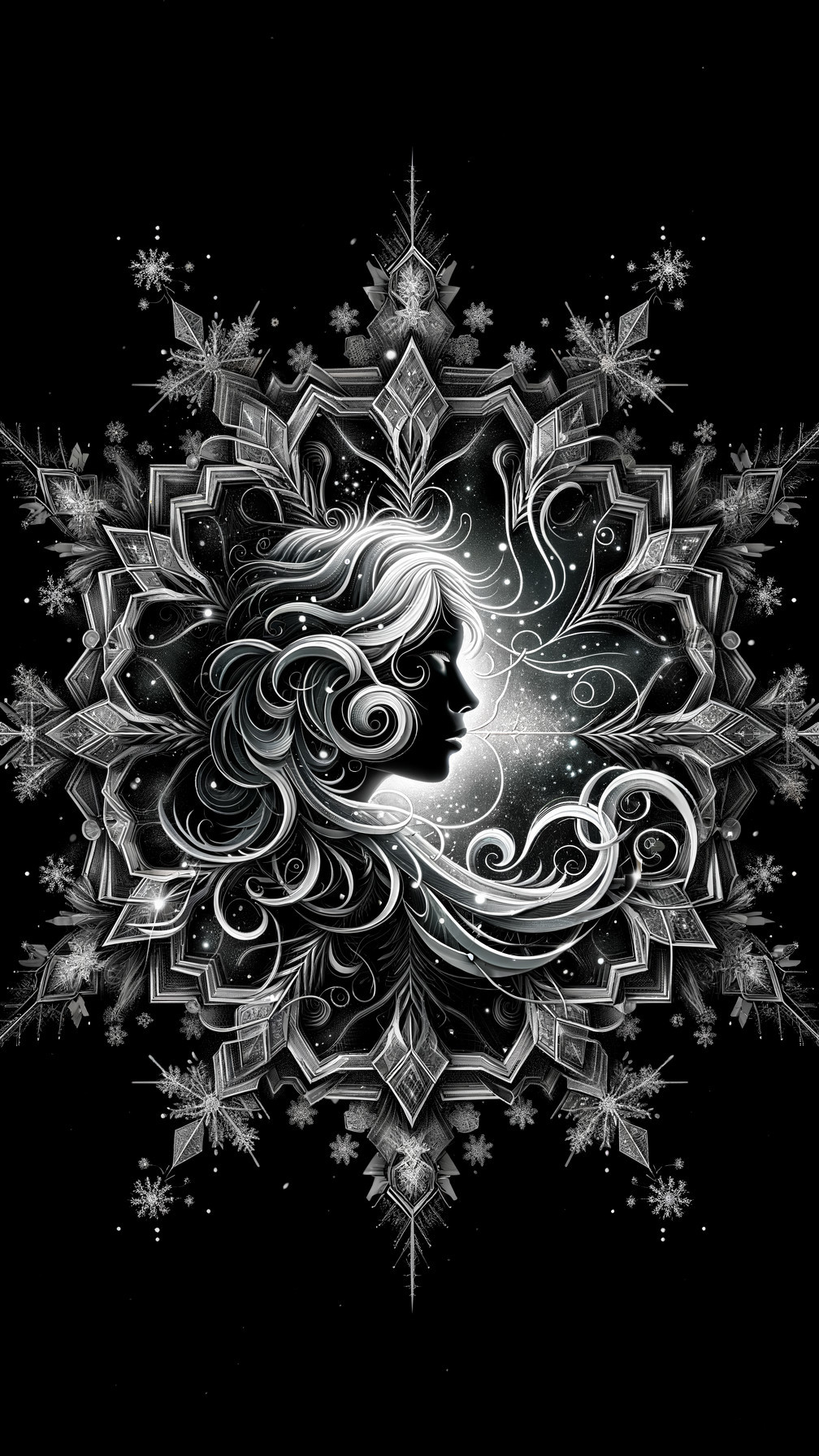 Black and white design of a woman's profile with patterns