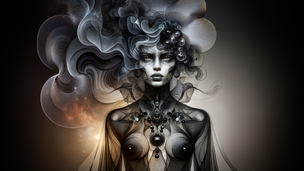 Surreal Figure with Ethereal Appearance and Cosmic Background