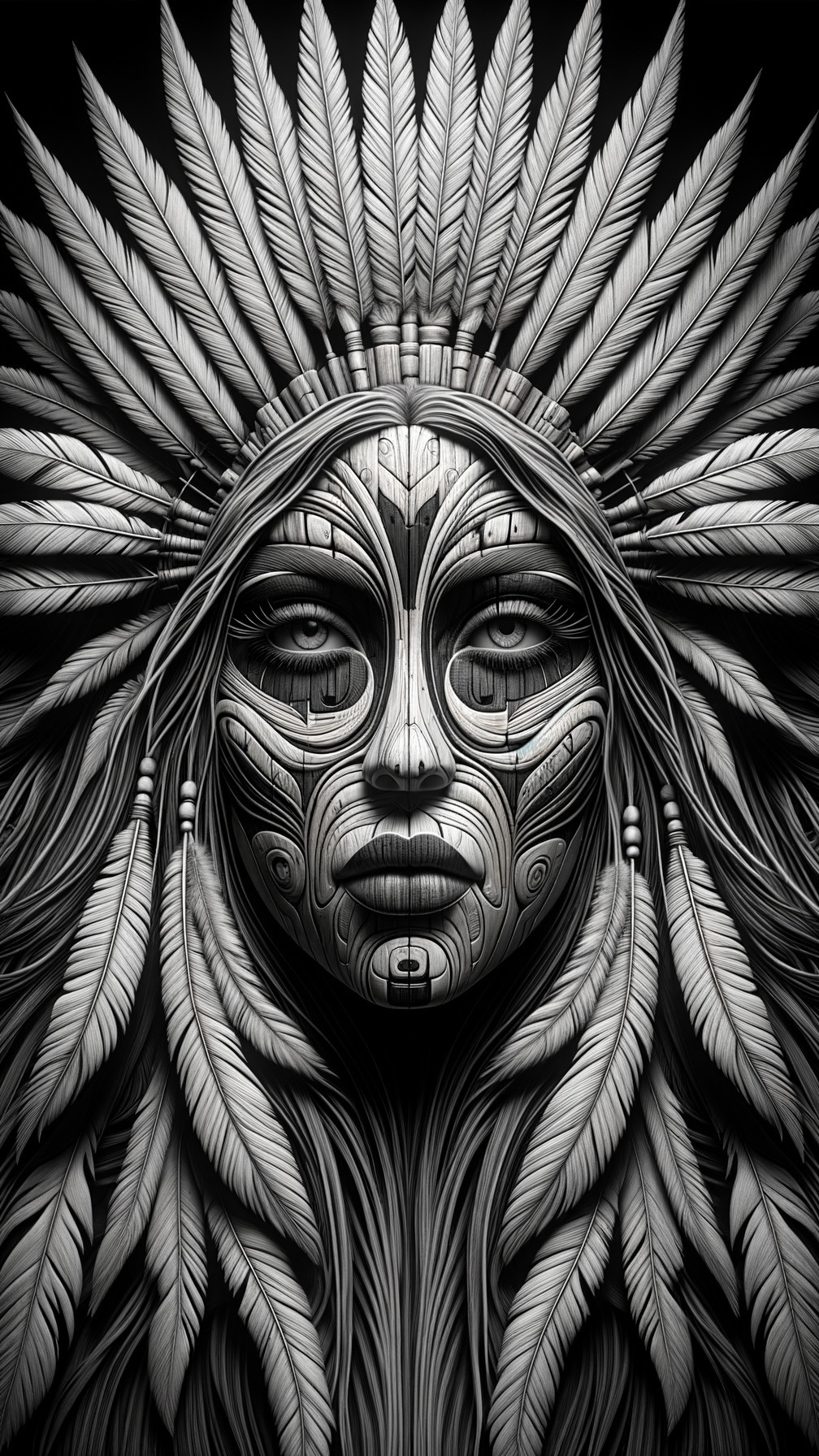 Black-and-white portrait of a woman with feather headdress