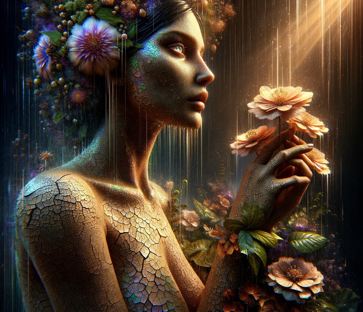 Ethereal figure adorned with flowers and nature details