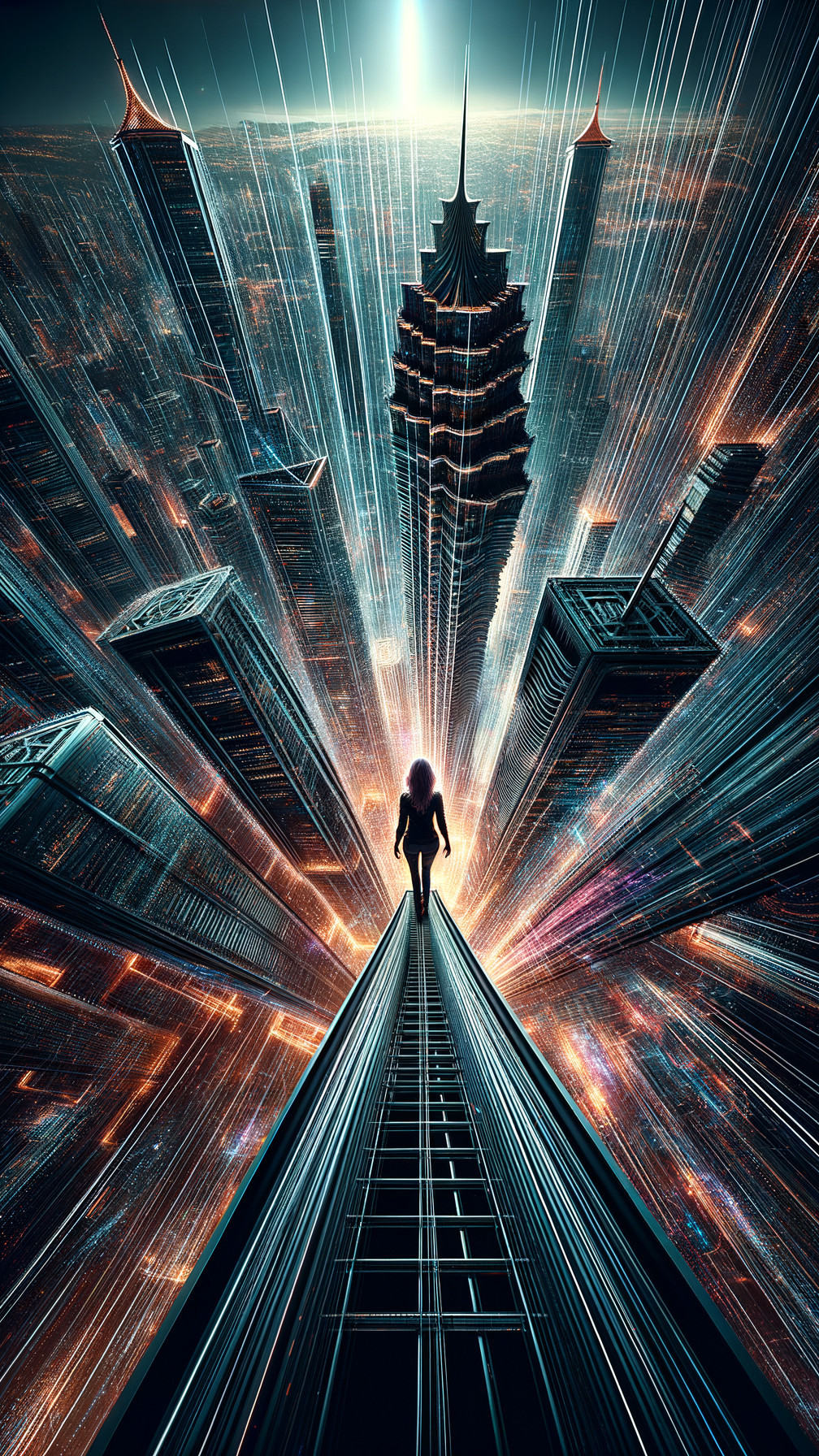 Futuristic Skyscraper with Vibrant City Lights