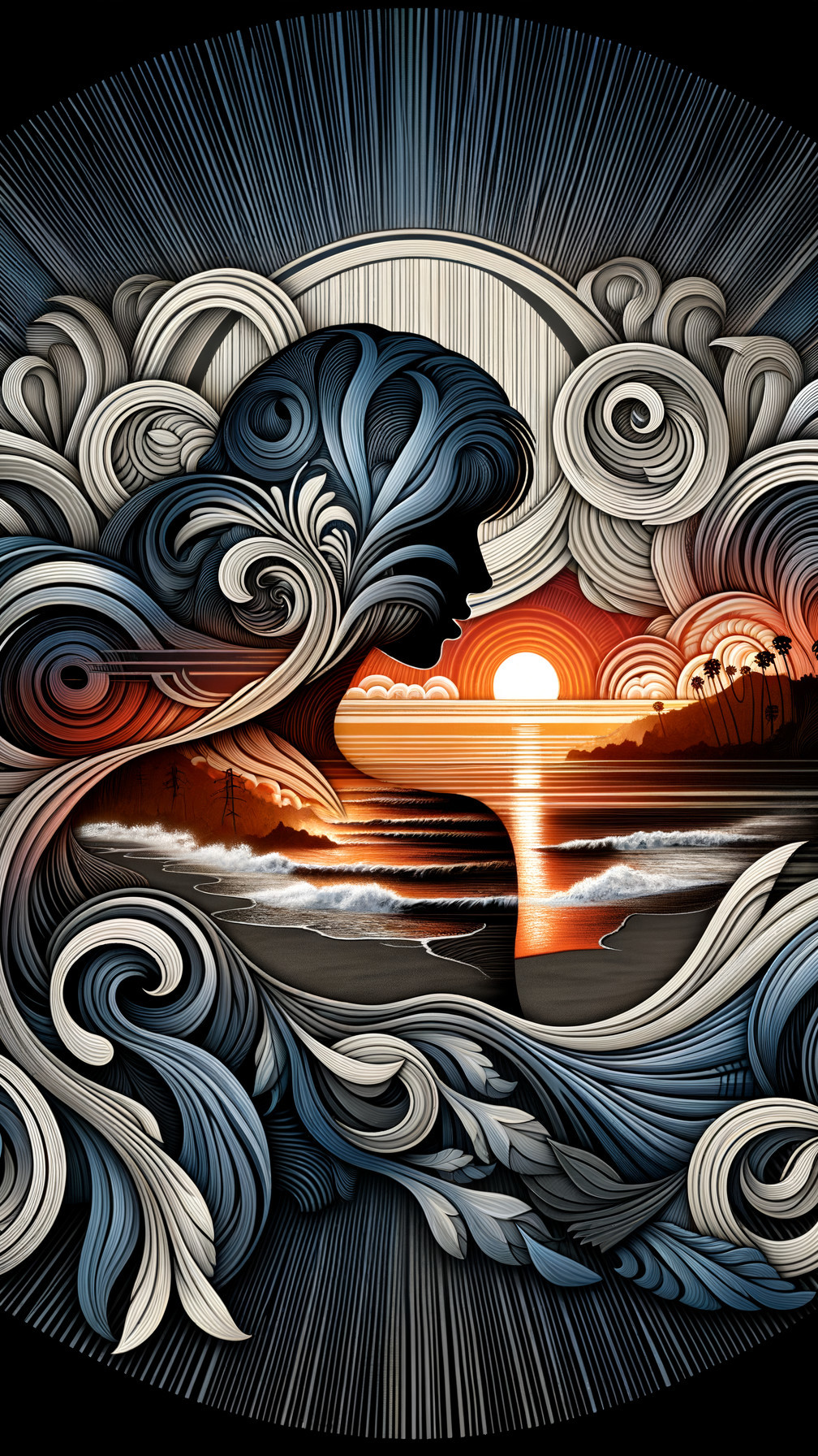Silhouette Artwork with Waves and Serene Sunset