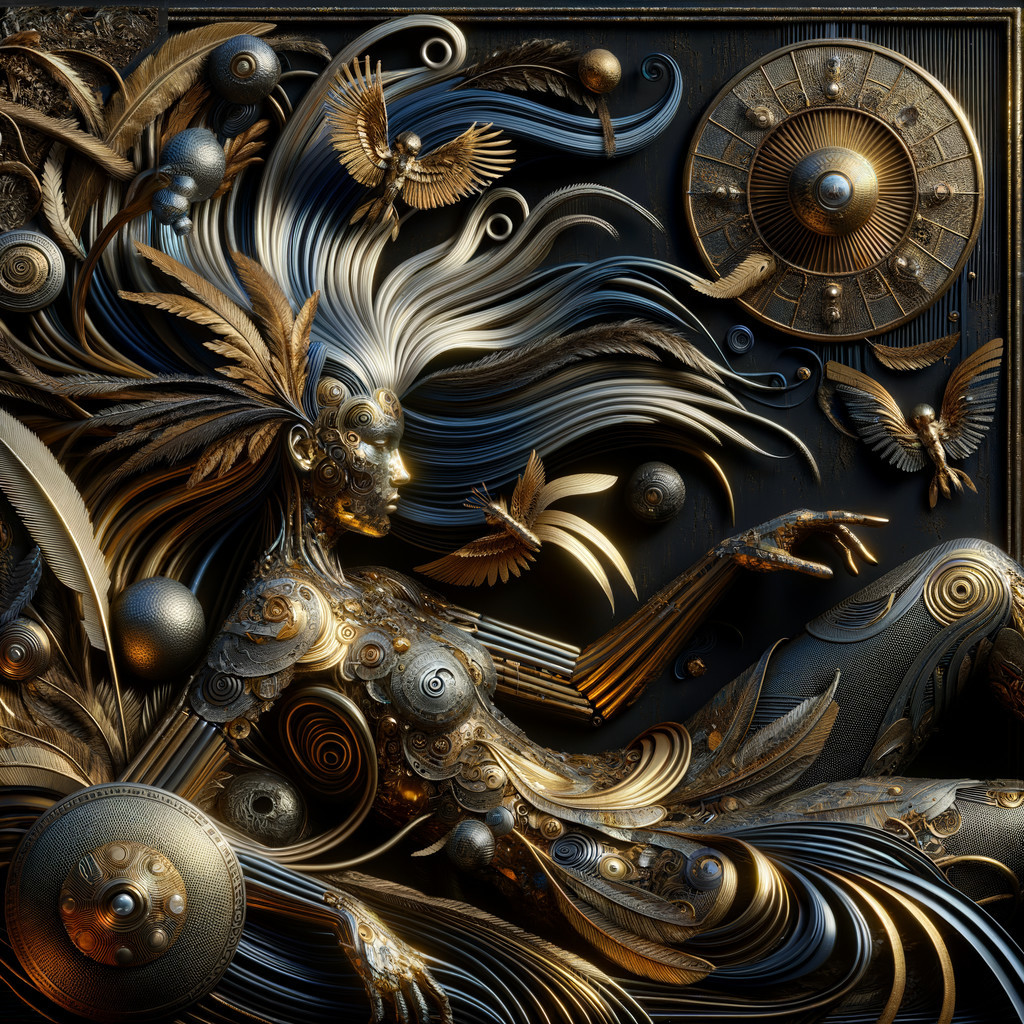 Intricate Design of Metallic Female Figure and Nature