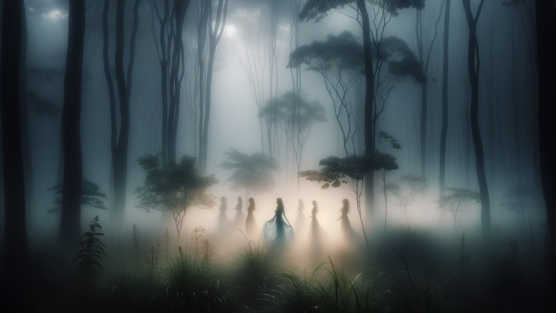 Misty Forest Scene with Glowing Figures and Trees