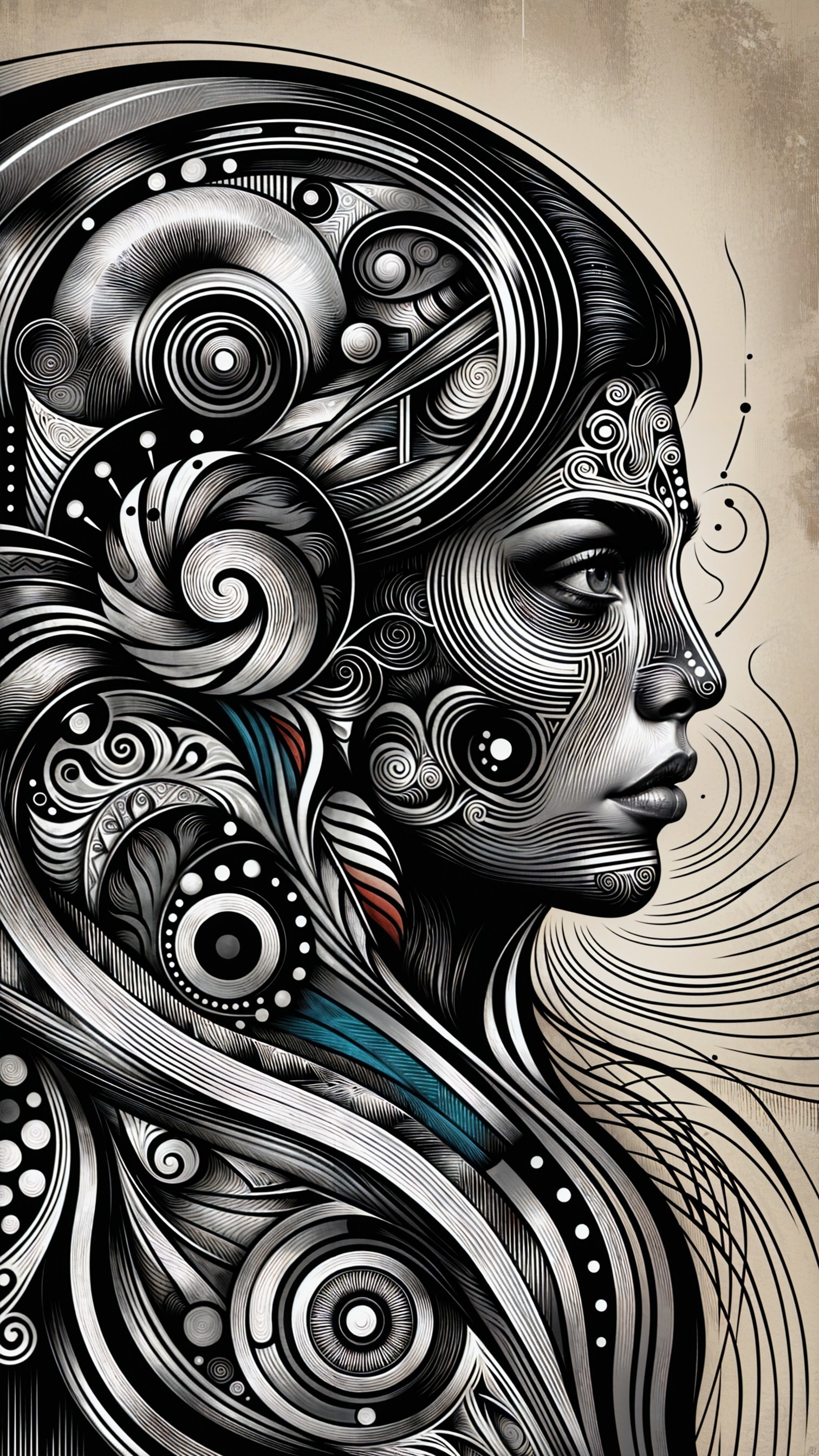 Intricate Black and White Woman's Profile Illustration