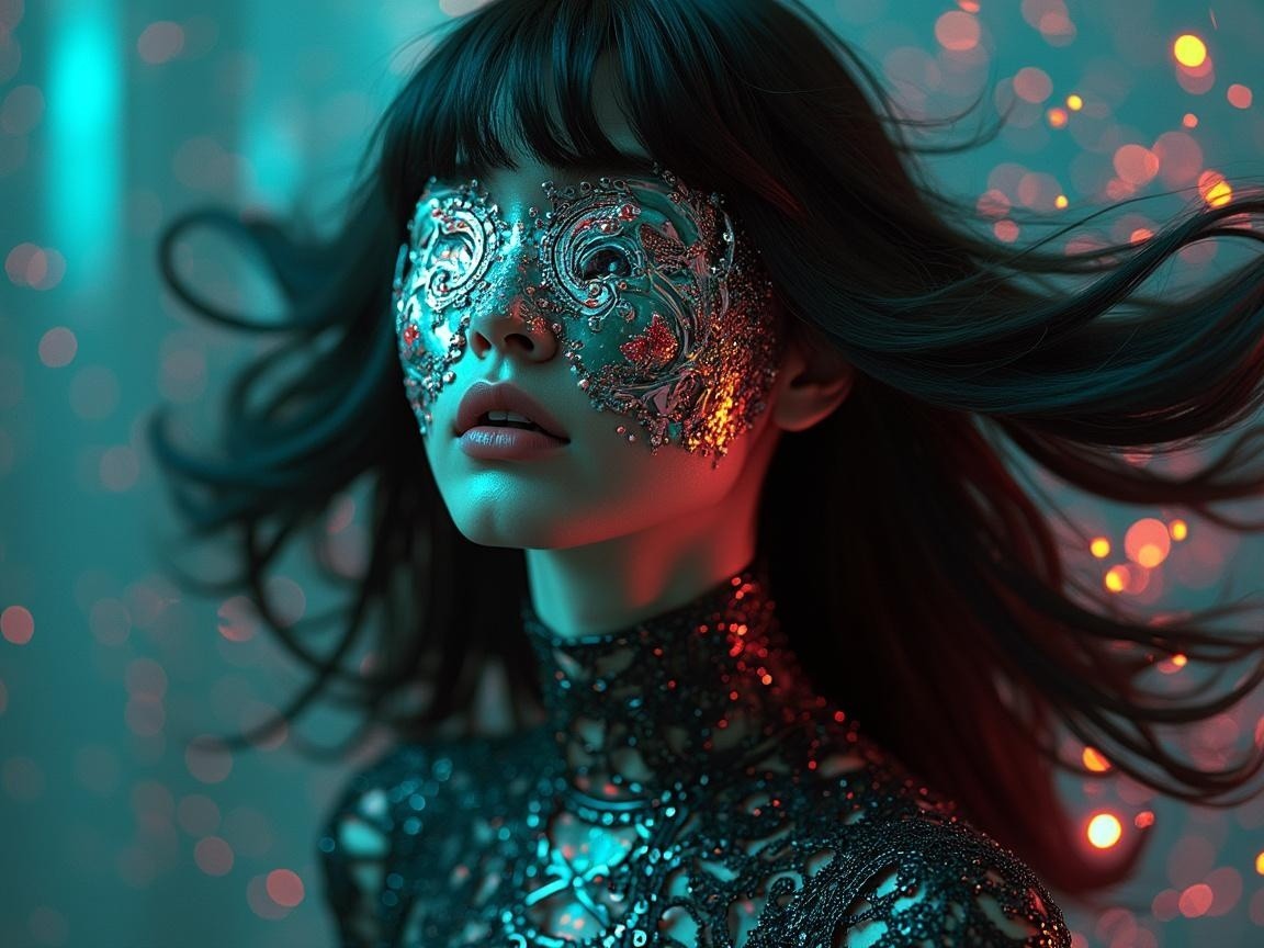 Portrait of a woman with a shimmering mask and elegant attire