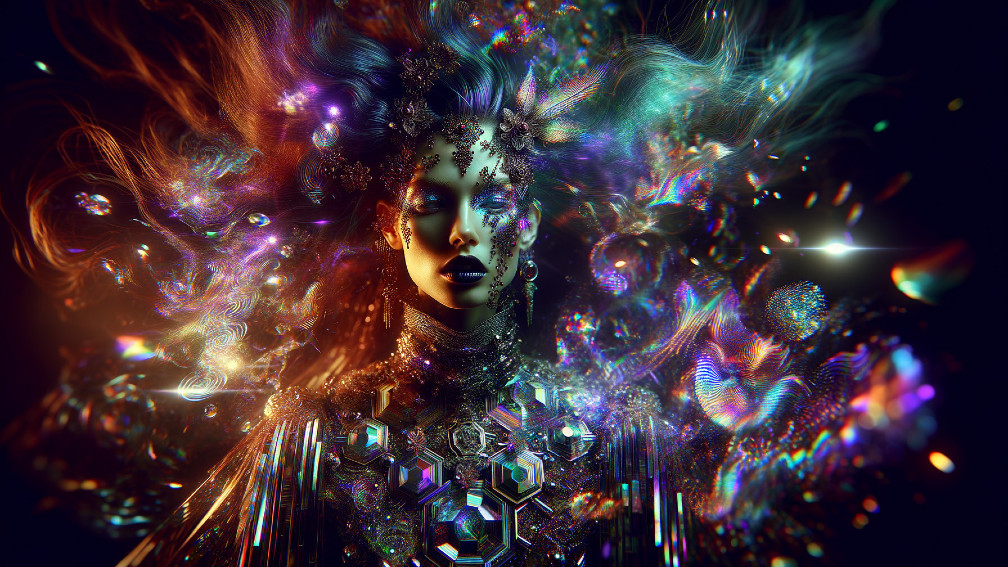 Fantasy Figure with Jewels and Colorful Backdrop