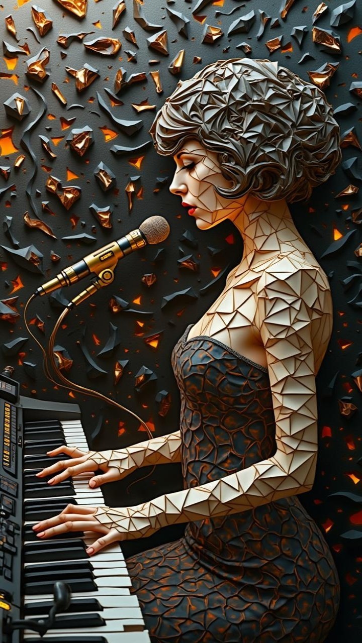 Geometric Woman Playing Keyboard Against Dark Backdrop