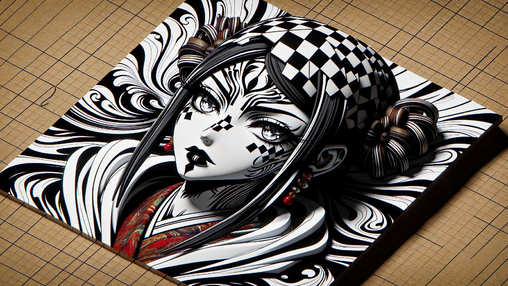 Black and white illustration of a detailed female character