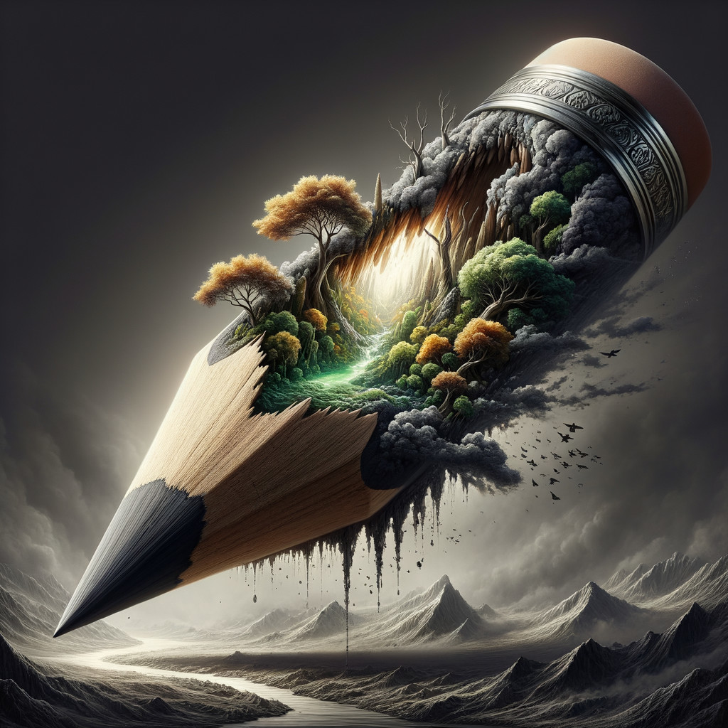 Giant Pencil Revealing Miniature Vibrant Landscape