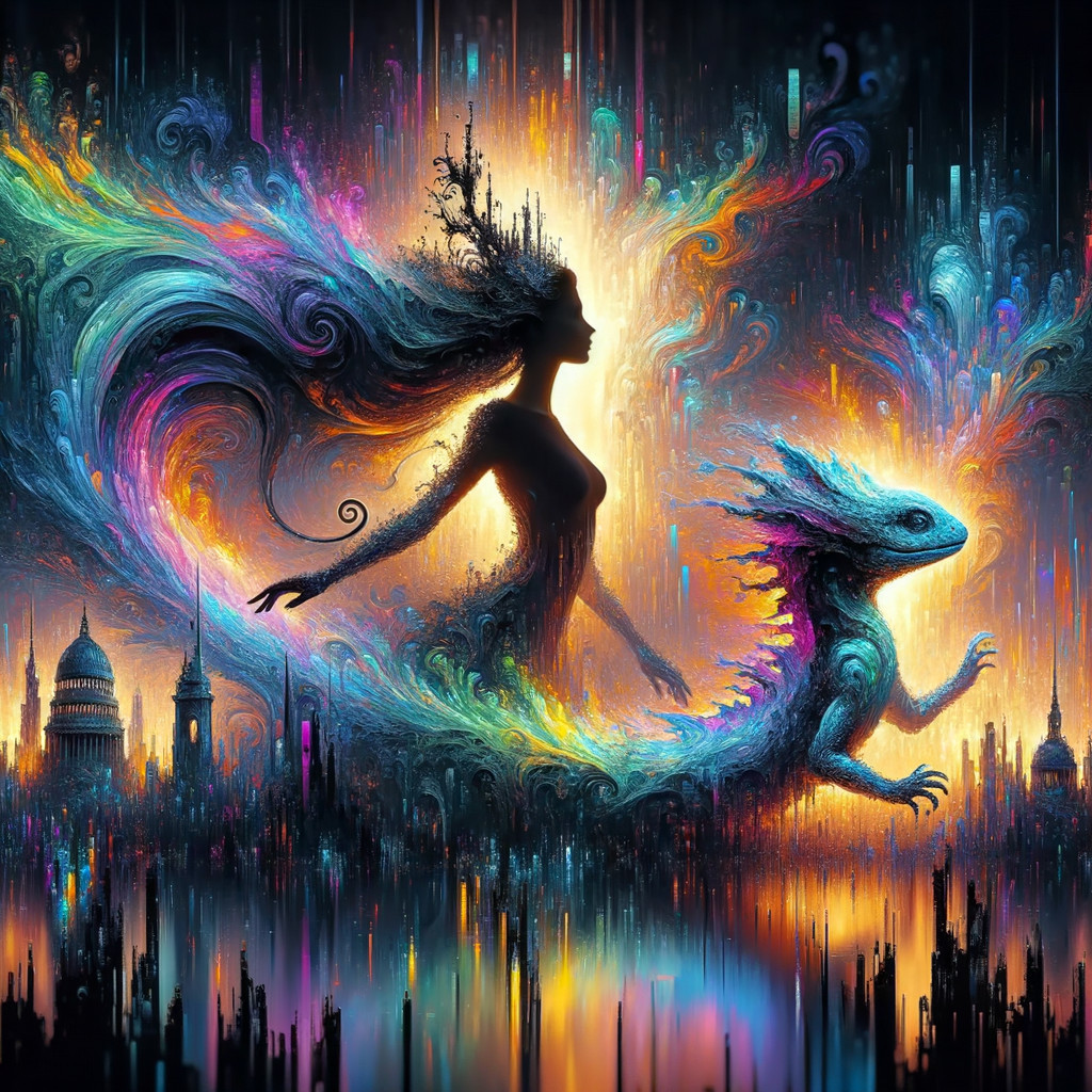 Surreal Scene with Mystical Woman and Fantastical Lizard