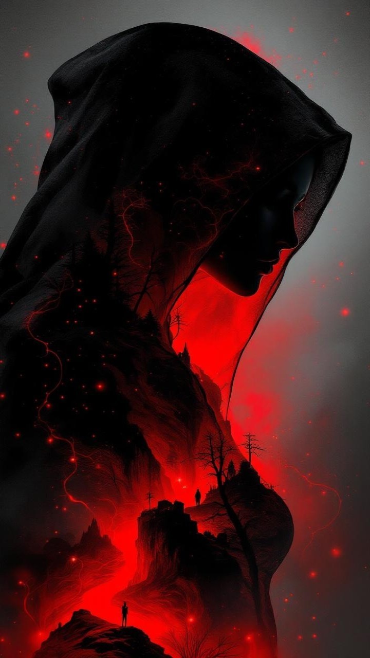 Silhouette in Dark Hood Against Haunting Landscape